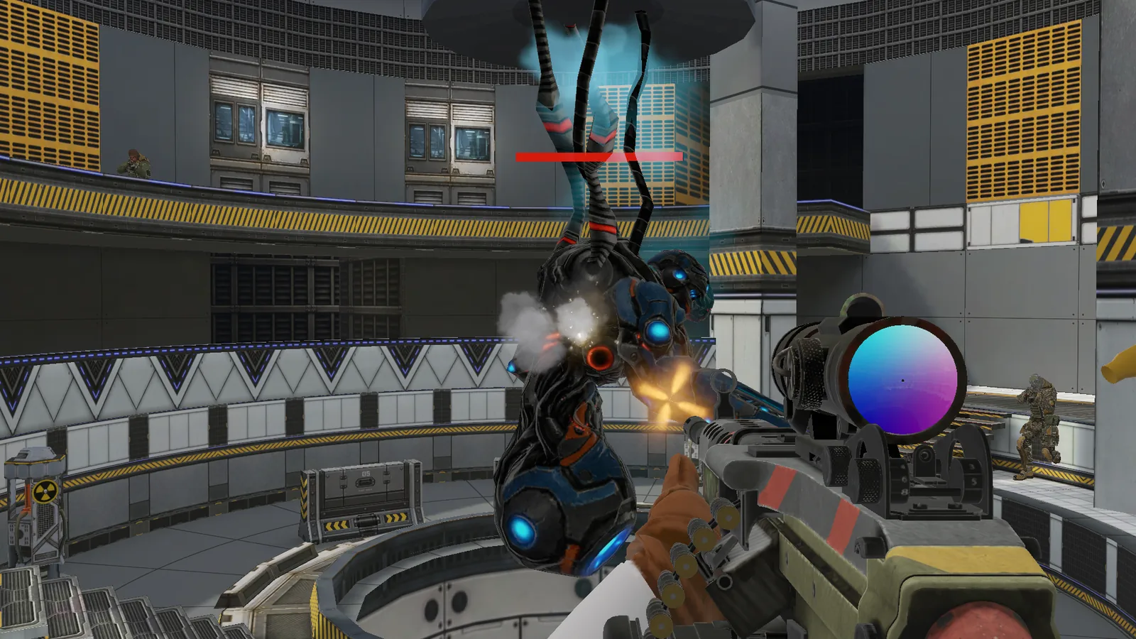 First-person combat against a mechanical boss in Fire Sniper